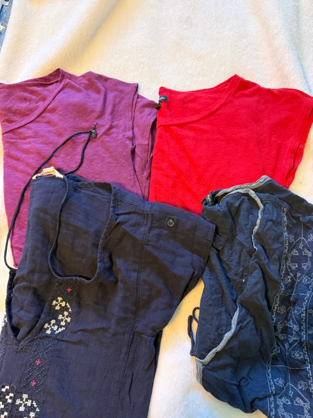 American Eagle Outfitters Navy Blue Cardigan, dress, red and purple tops.
